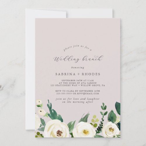 Elegant White Floral  Blush Mauve Wedding Brunch Invitation