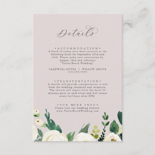 Elegant White Floral  Blush Mauve Wedding Details Enclosure Card
