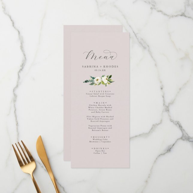 Elegant White Floral | Blush Mauve Wedding Dinner Menu (Front/Back In Situ)