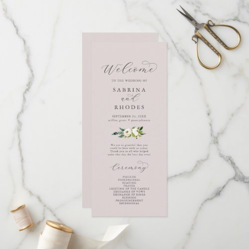 Elegant White Floral  Blush Mauve Wedding Program