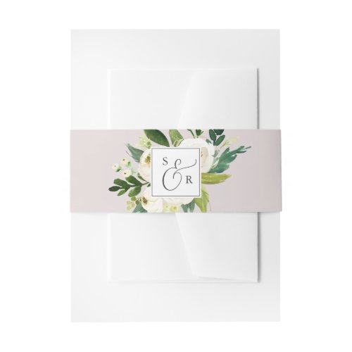 Elegant White Floral  Blush Monogrammed Wedding Invitation Belly Band