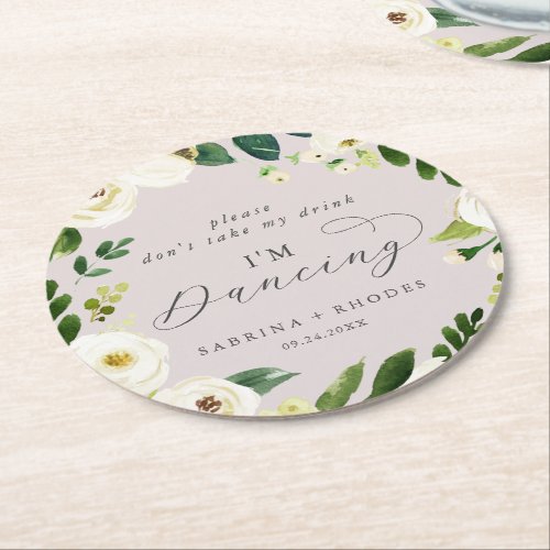 Elegant White Floral  Blush Wedding Im Dancing Round Paper Coaster