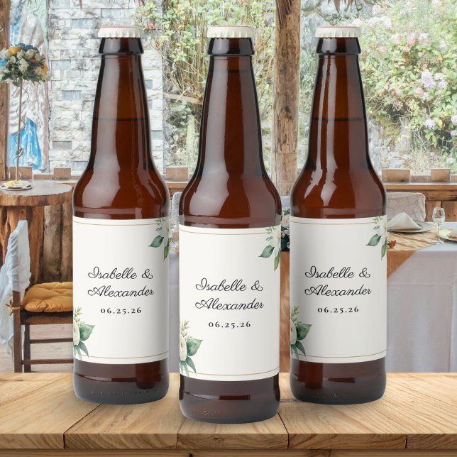Elegant White Floral Botanical Wedding Favor Beer Bottle Label (Custom beer bottle labels with white flowers and greenery, with couple's names and wedding date)