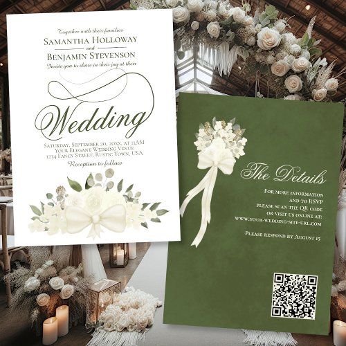 Elegant White Floral Bouquet QR Code Wedding Invitation