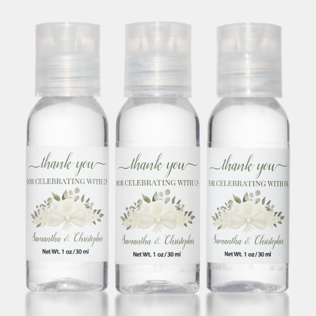 Elegant White Floral Bouquet Wedding Thank You Hand Sanitizer (Set)