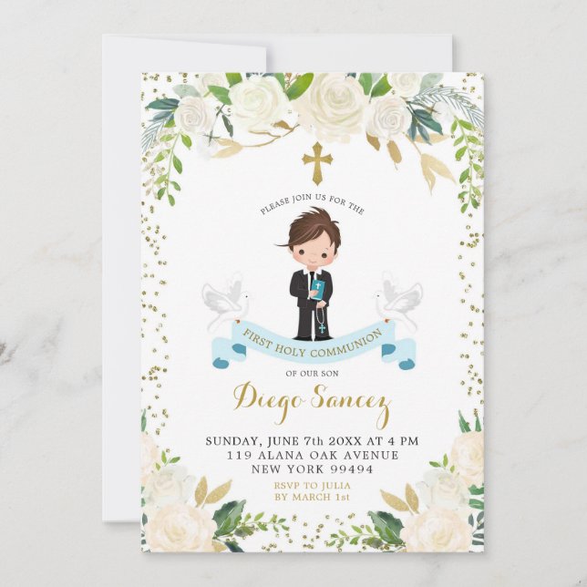 Elegant White Floral Boy First Holy Communion Invitation (Front)