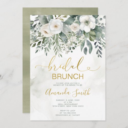 Elegant White Floral Bridal Brunch Shower Gold Invitation