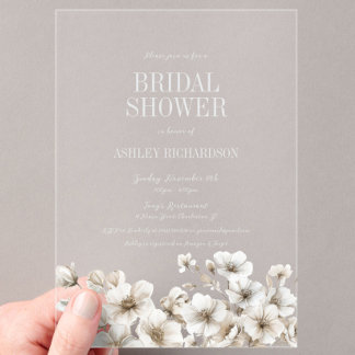 Elegant White Floral Bridal Shower Acrylic Invitations