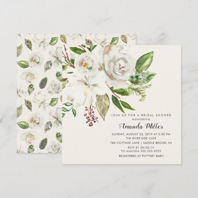 Elegant White Floral Bridal Shower Invitation (Front/Back)