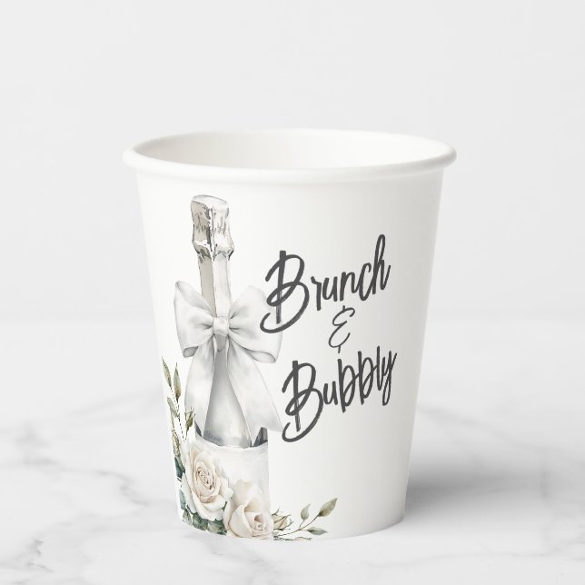 Elegant White Floral Brunch and Bubbly Stickers Paper Cups (Front)