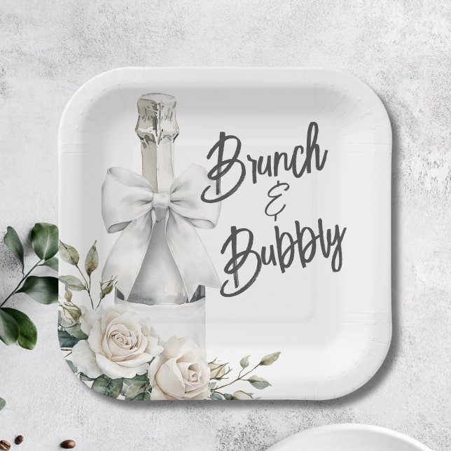 Elegant White Floral Brunch and Bubbly Stickers Paper Plates (Brunch and Bubbly Bridal Shower Plate)