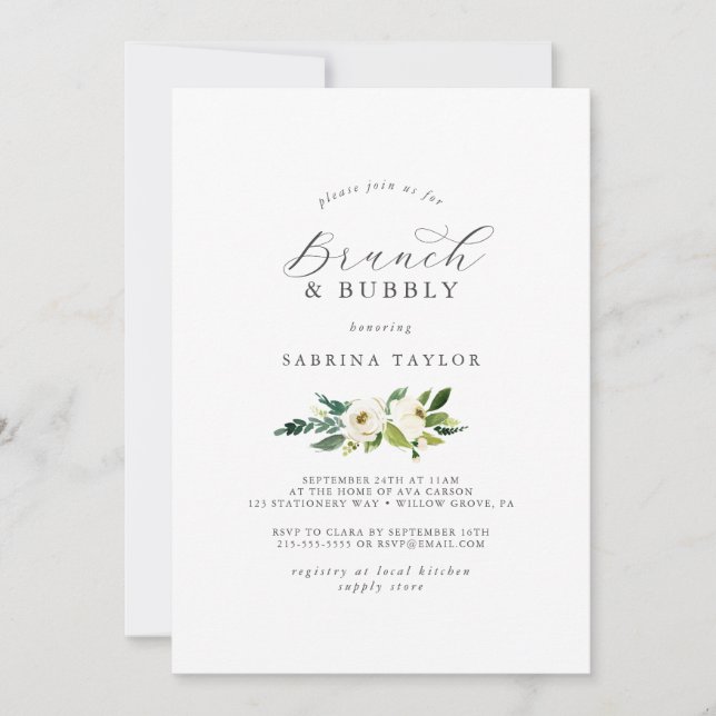 Elegant White Floral Brunch & Bubbly Bridal Shower Invitation (Front)