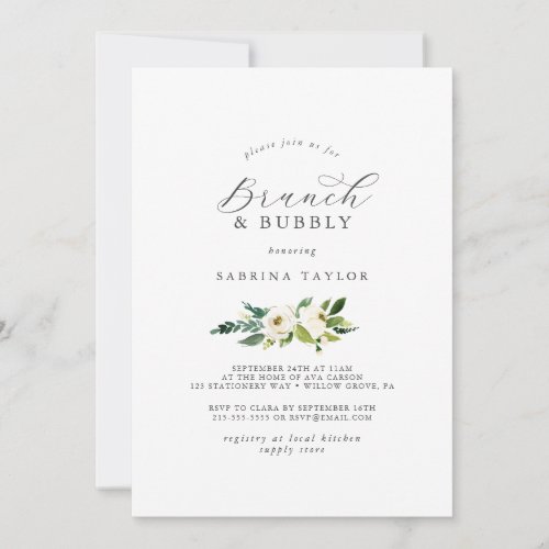 Elegant White Floral Brunch  Bubbly Bridal Shower Invitation