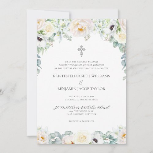 Elegant White Floral Catholic Wedding with RSVP Invitation