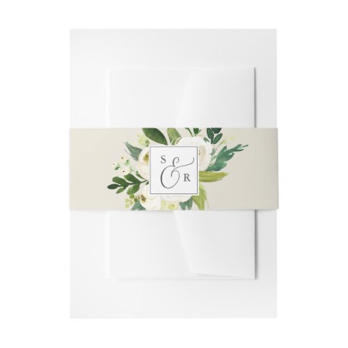 Elegant White Floral  Champage Monogram Wedding Invitation Belly Band