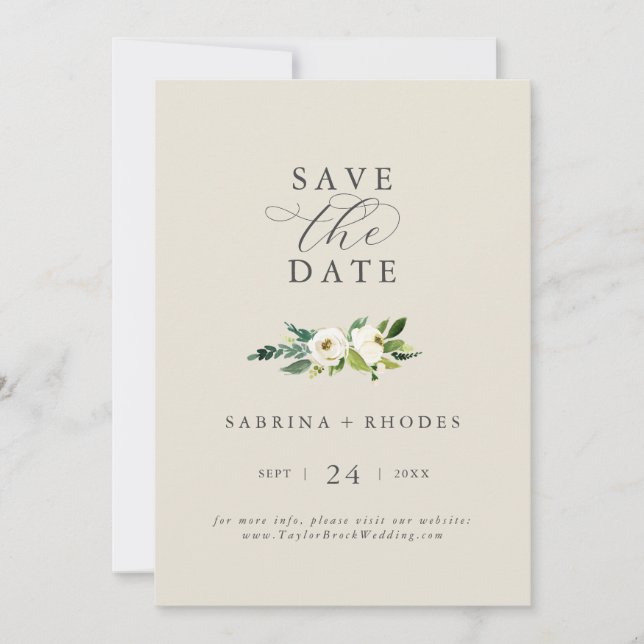Elegant White Floral | Champagne Save the Date (Front)