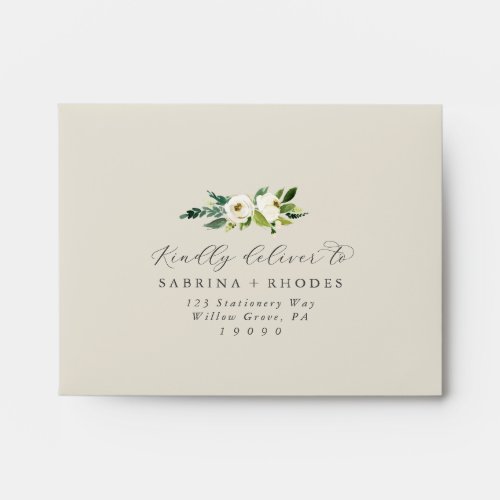 Elegant White Floral Champagne Self_Addressed RSVP Envelope