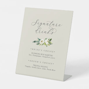 Elegant White Floral   Champagne Signature Drinks Pedestal Sign