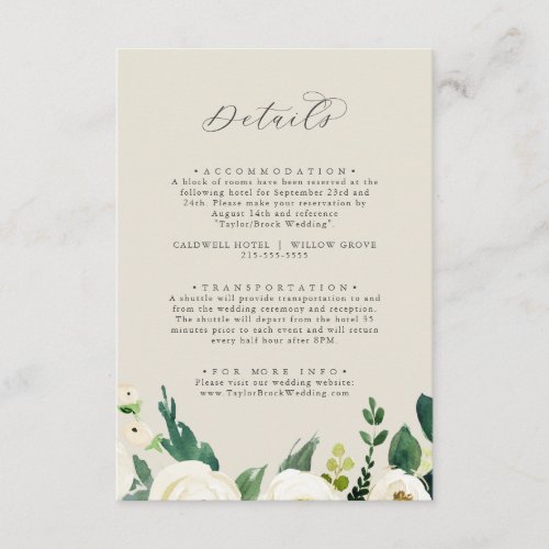 Elegant White Floral  Champagne Wedding Details Enclosure Card