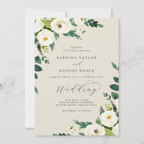 Elegant White Floral  Champagne Wedding Invitation