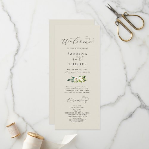 Elegant White Floral  Champagne Wedding Program