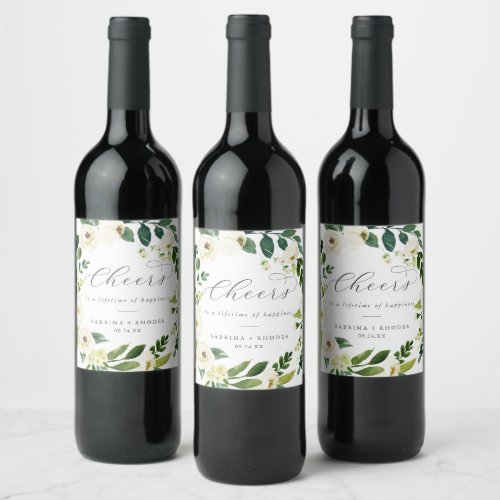 Elegant White Floral Cheers Wedding Wine Labels