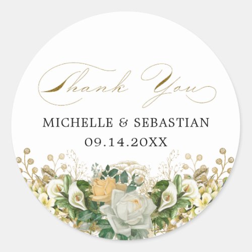 Elegant White Floral Chic Gold Thank You Classic Round Sticker