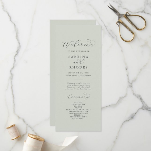 Elegant White Floral Coordinate Sage Mint Wedding Program (Front/Back In Situ)