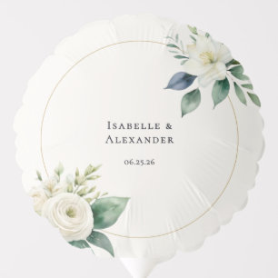 Elegant White Floral Couple Names and Wedding Date Balloon