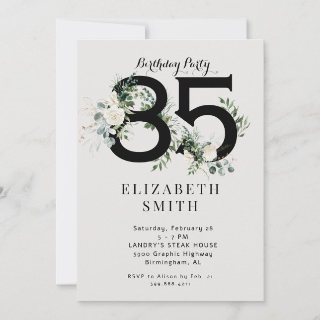 Elegant White Floral Cream 85th Birthday Party  Invitation (Front)