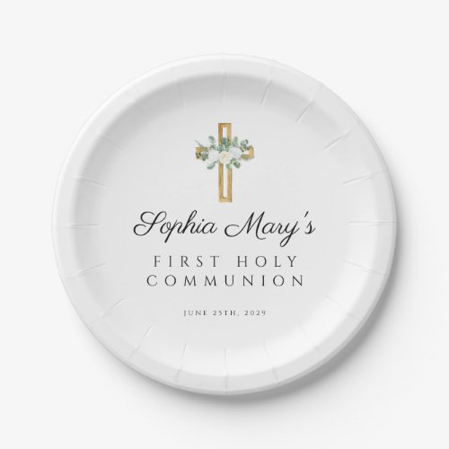 Elegant White Floral Cross First Communion Paper Plates