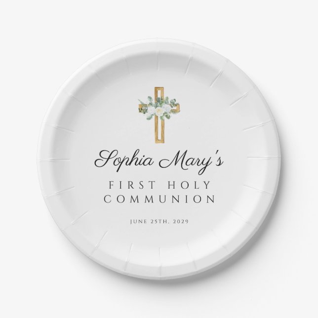 Elegant White Floral Cross First Communion Paper Plates (Front)