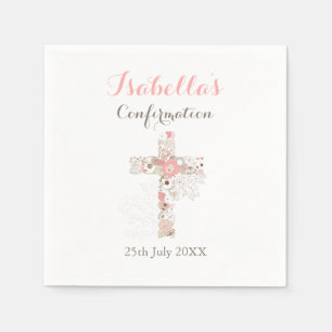 Elegant white floral cross name girl confirmation napkins