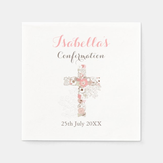 Elegant white floral cross name girl confirmation napkins (Front)