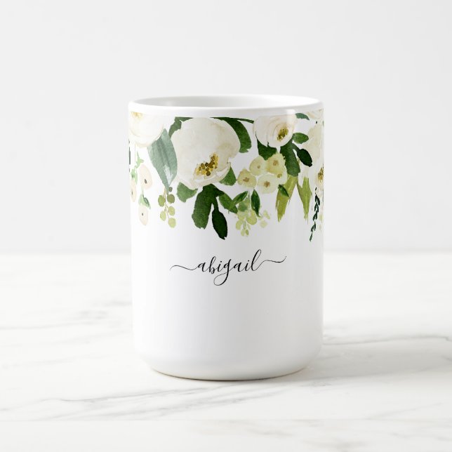 Elegant White Floral Custom Name  Coffee Mug (Center)