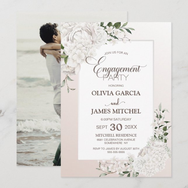 Elegant White Floral Custom Photo Engagement Party Invitation (Front/Back)