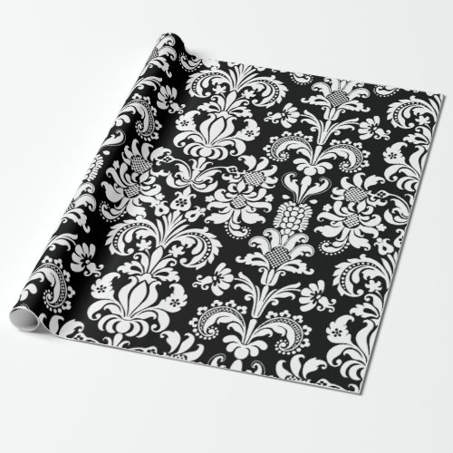 Elegant White Floral Damasks Black Background Wrapping Paper