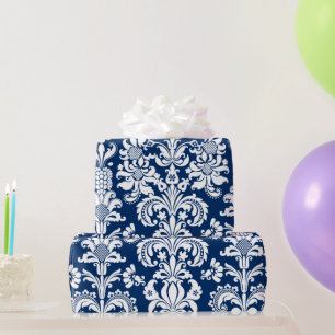 Elegant White Floral Damasks Blue Background Wrap Wrapping Paper