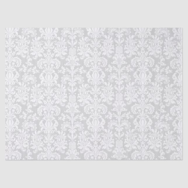 Elegant White Floral Damasks Over Gray Background Tissue Paper (Front)