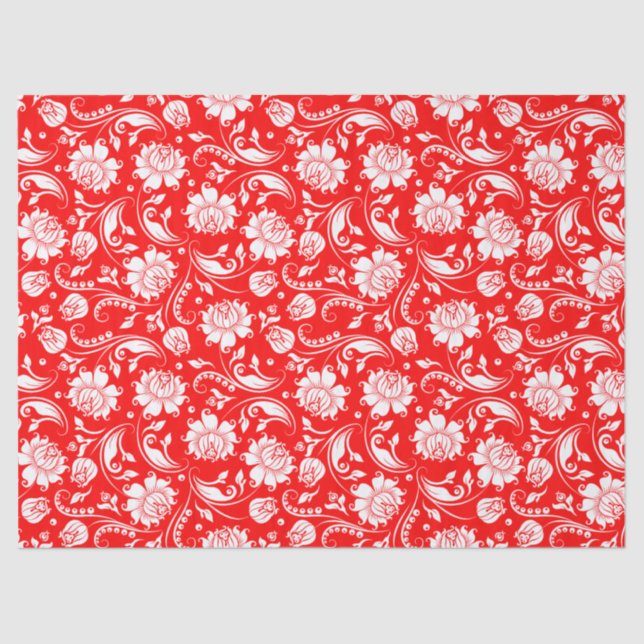 Elegant White Floral Damasks Over Red Background Tissue Paper (Front)