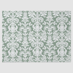 Elegant White Floral Damasks Over Sage Green Tissue Paper