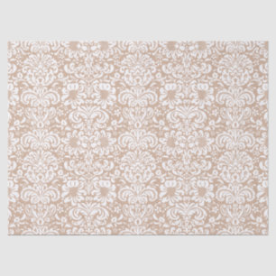 Elegant White Floral Damasks Over Tan Background Tissue Paper