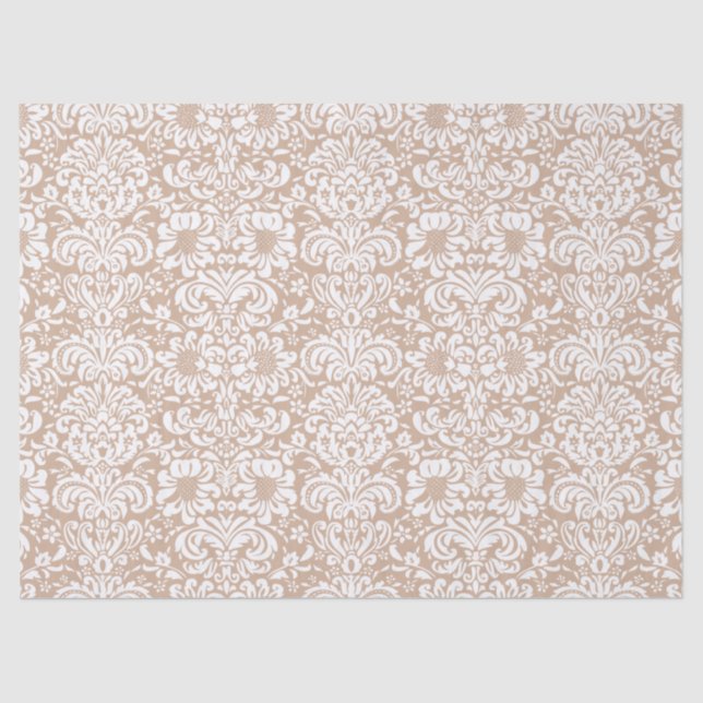 Elegant White Floral Damasks Over Tan Background Tissue Paper (Front)
