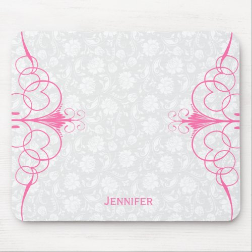 Elegant White Floral Damasks  Pink Frame Mouse Pad