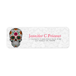 Elegant White Floral Damasks Retro Skull Label