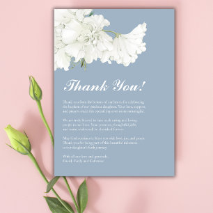 Elegant White Floral Dusty Blue Baptism Thank You Card