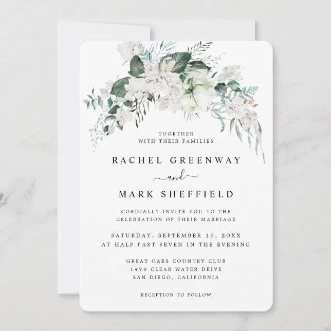 Elegant White Floral Dusty Blue Greenery Wedding Invitation | Zazzle