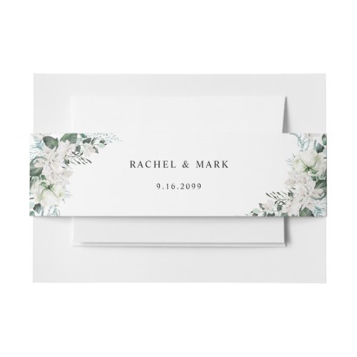 Elegant White Floral Dusty Blue Sage Green Wedding Invitation Belly Band