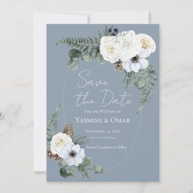 Elegant White Floral Dusty Blue Save the Date Invitation (Front)