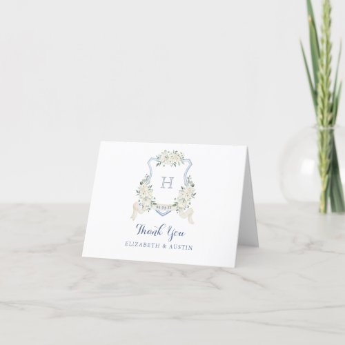 Elegant White Floral Dusty Blue Wedding Crest Thank You Card